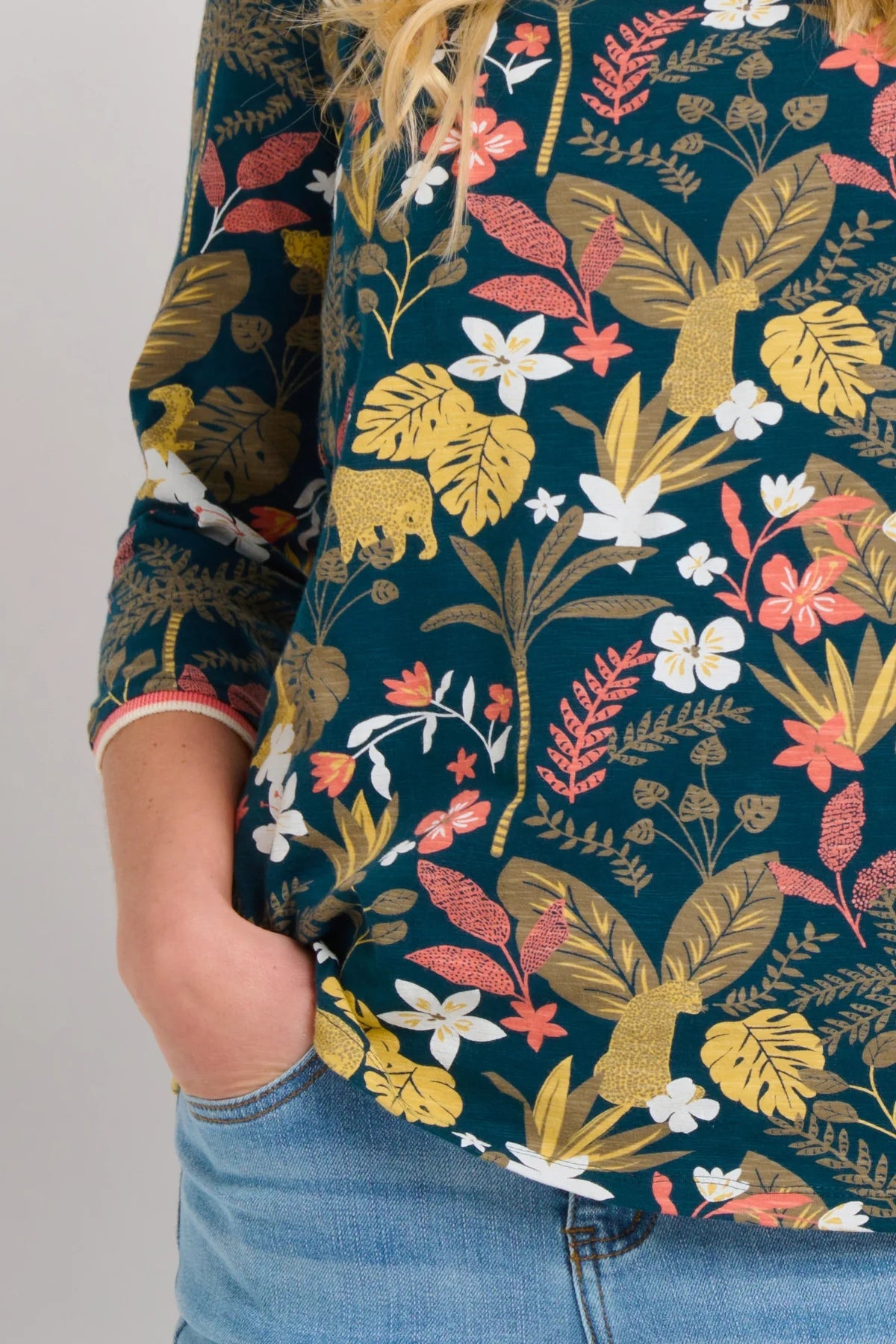 A jungle style floral print womens t-shirt with three quarter length sleeves from Brakeburn