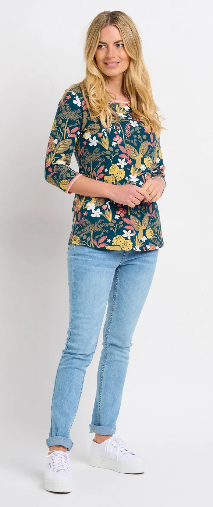 A multicoloured botanical jungle style floral print womens tee from Brakeburn