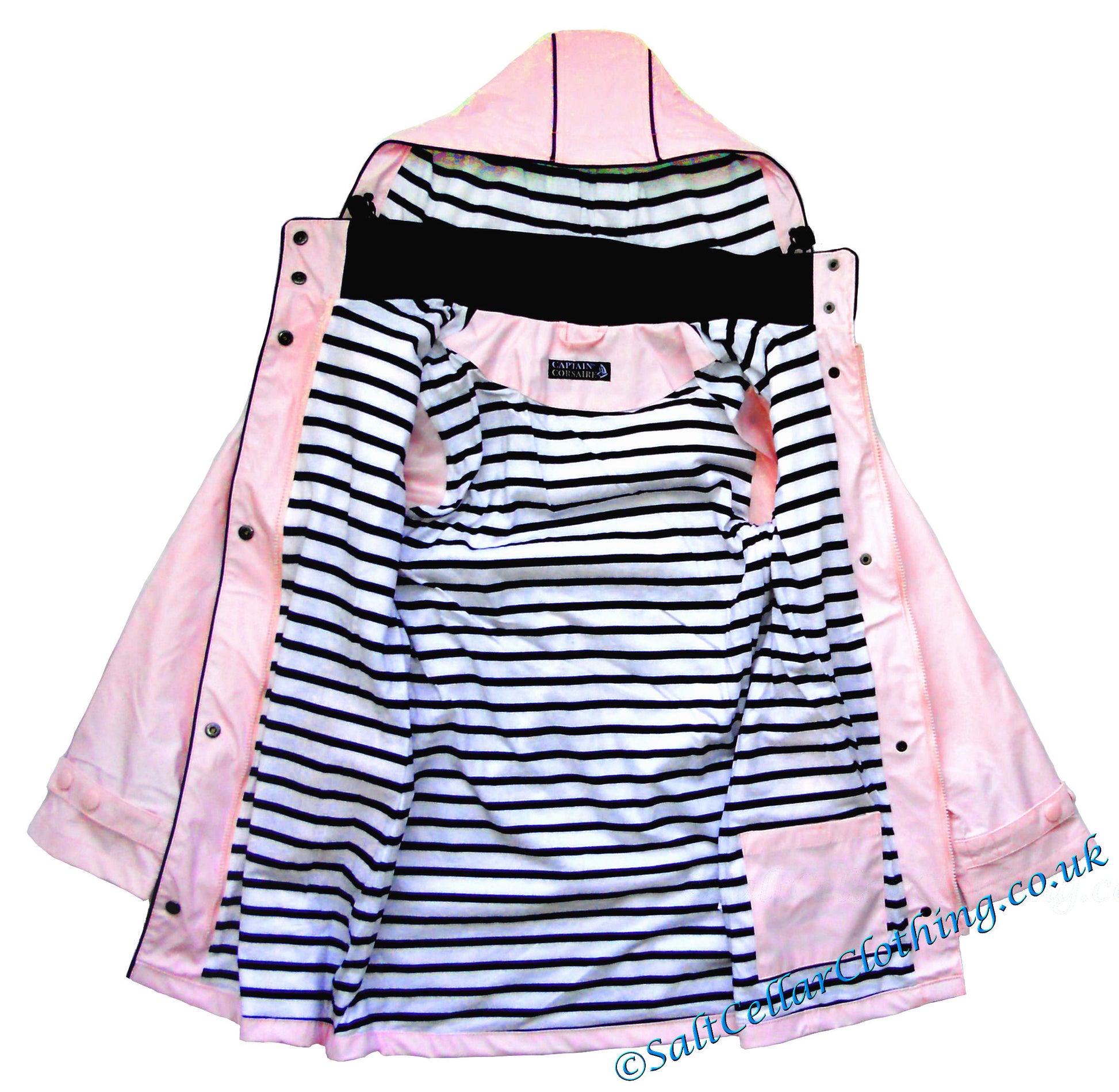 Pale Pink waterproof women's Regate Ete rain jacket from Captain Corsaire with stripy lining.