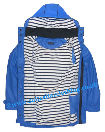 Indigo Blue waterproof women's Regate Ete rain jacket from Captain Corsaire with stripy lining.