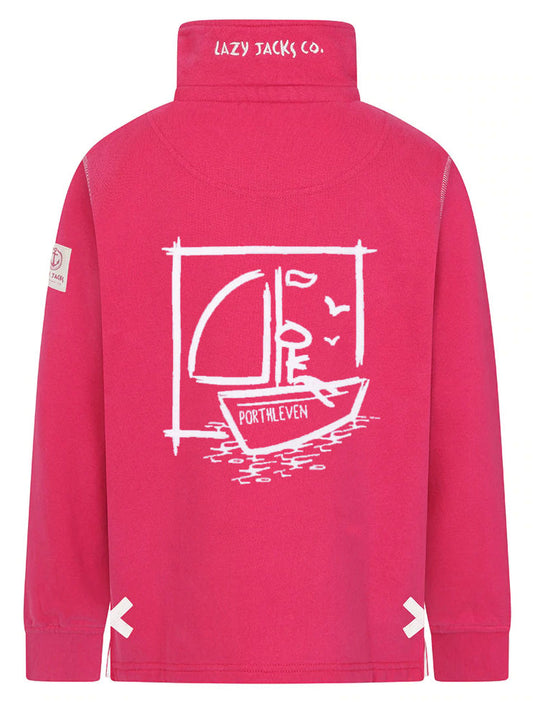 Kids Lazy Jacks sweatshirt with Porthleven back print in Lipstick Pink