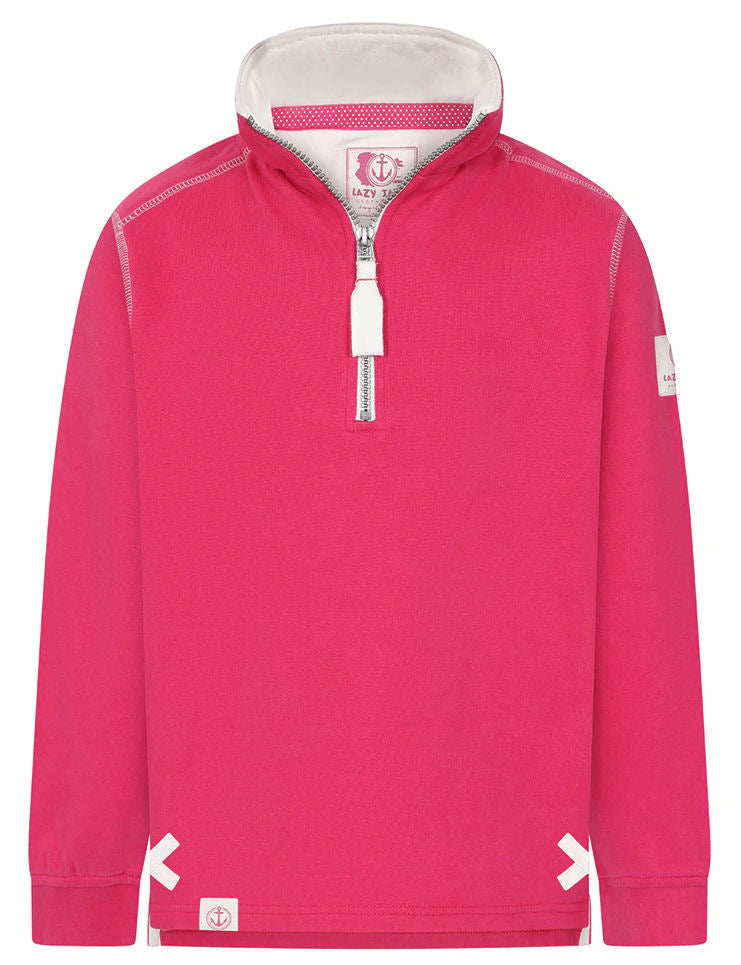 Kids zip neck sweatshirt from Lazy Jacks with Porthleven back print in Lipstick Pink