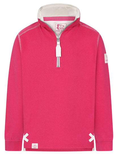 Kids zip neck sweatshirt from Lazy Jacks with Porthleven back print in Lipstick Pink