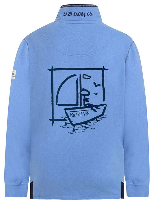 A kids Lazy Jacks sweatshirt in Azure Blue featuring a Porthleven Cornwall print on the back