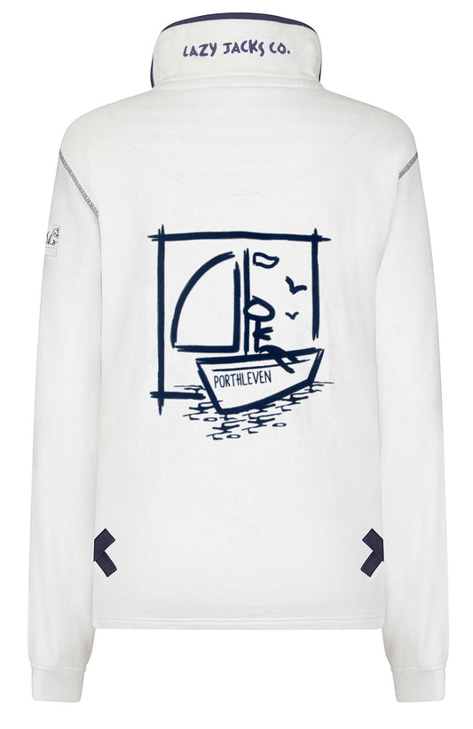 Women's Lazy Jacks sweatshirt in white with Porthleven back print