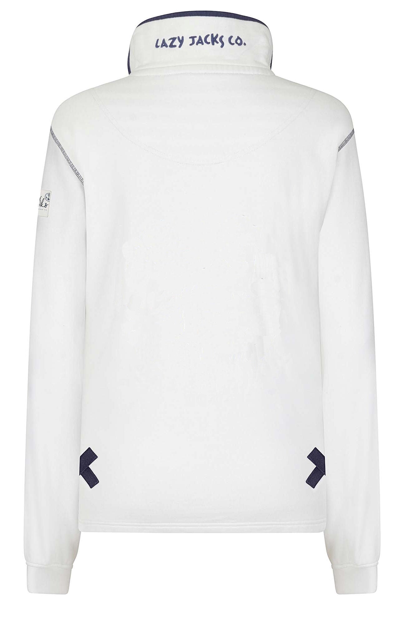 Women's Lazy Jacks LJ3 zip neck sweatshirt in White with embroidered logo collar.
