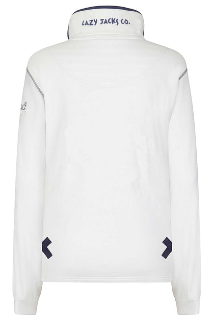Women's Lazy Jacks LJ3 zip neck sweatshirt in White with embroidered logo collar.
