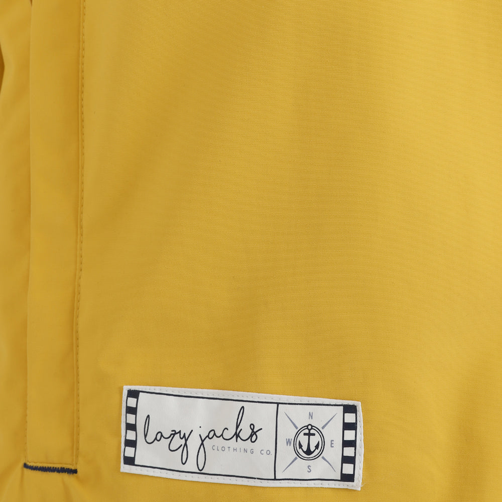 Lazy Jacks women's LJ45 waterproof hip length rain coat from Lazy Jacks in Maize Yellow with stripe pattern lining and zip pockets.