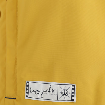 Lazy Jacks women's LJ45 waterproof hip length rain coat from Lazy Jacks in Maize Yellow with stripe pattern lining and zip pockets.