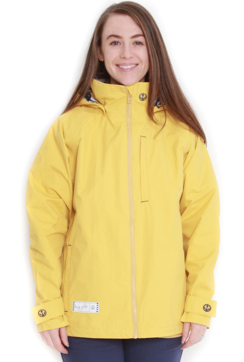 Women's Lazy Jacks LJ45 waterproof jacket in Maize Yellow with stripy lining.
