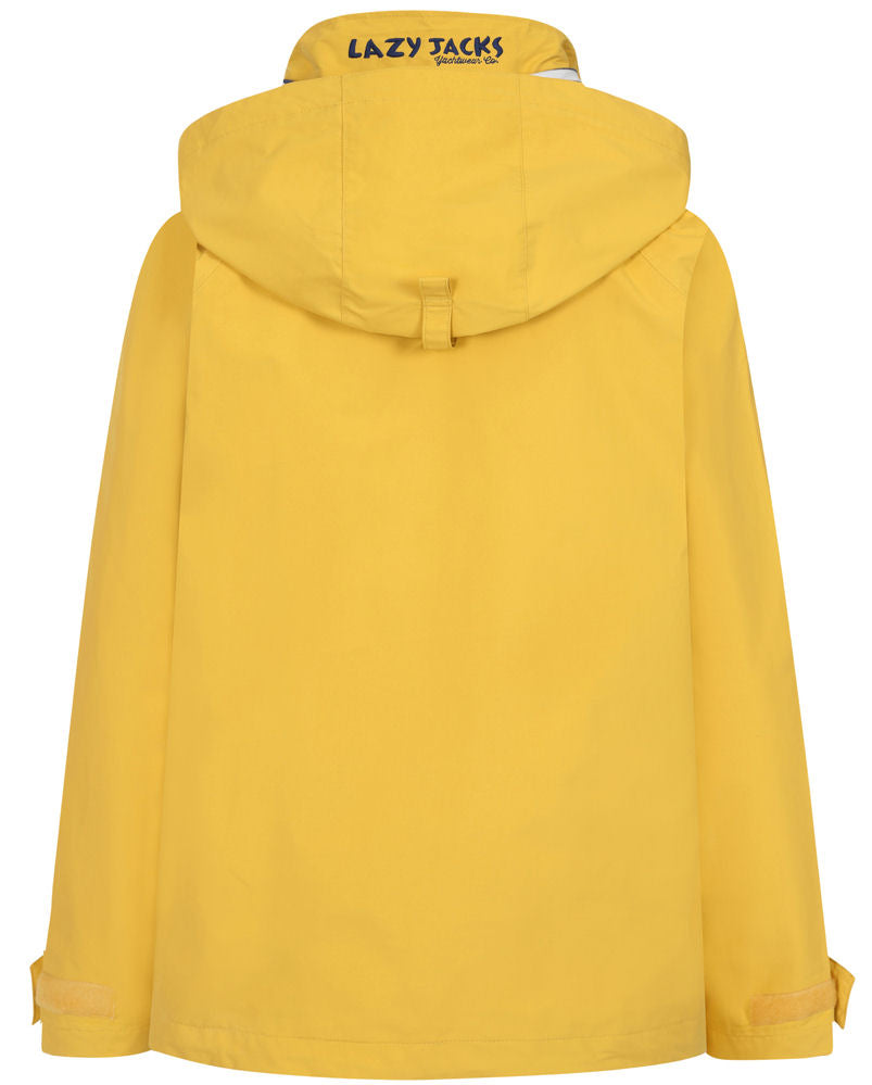 Lazy Jacks women's LJ45 waterproof hip length rain coat from Lazy Jacks in Maize Yellow with stripe pattern lining.