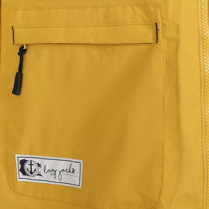 Women's LJ67 waterproof raincoat from Lazy Jacks in Maize Yellow with zip pockets.