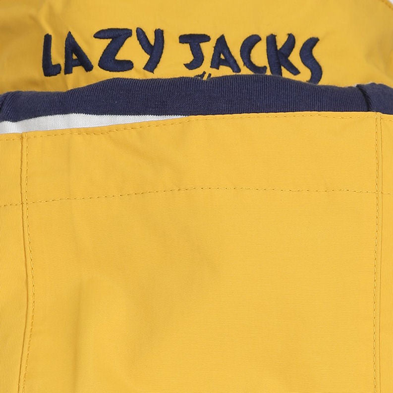 Women's LJ67 waterproof hooded coat from Lazy Jacks in Maize Yellow with stripy lining.