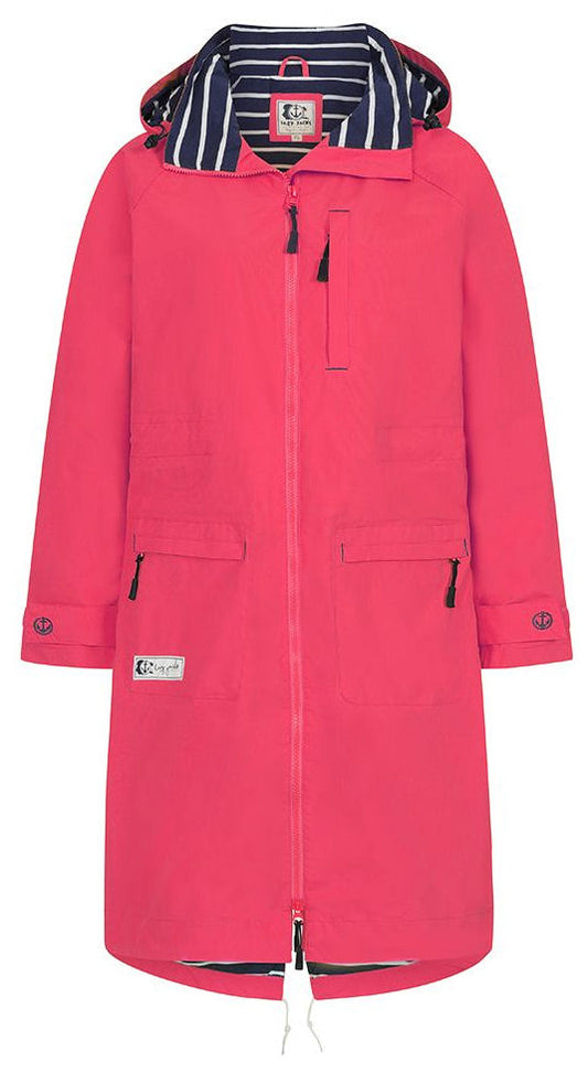 Women's LJ67 waterproof hooded coat from Lazy Jacks in Watermelon Red / Pink with stripy lining.