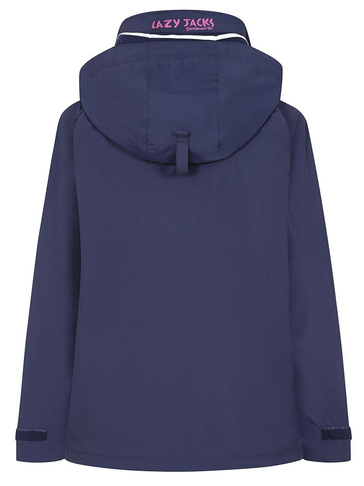 Lazy Jacks women's LJ45 waterproof hip length rain coat from Lazy Jacks in Marine Navy with stripe pattern lining.