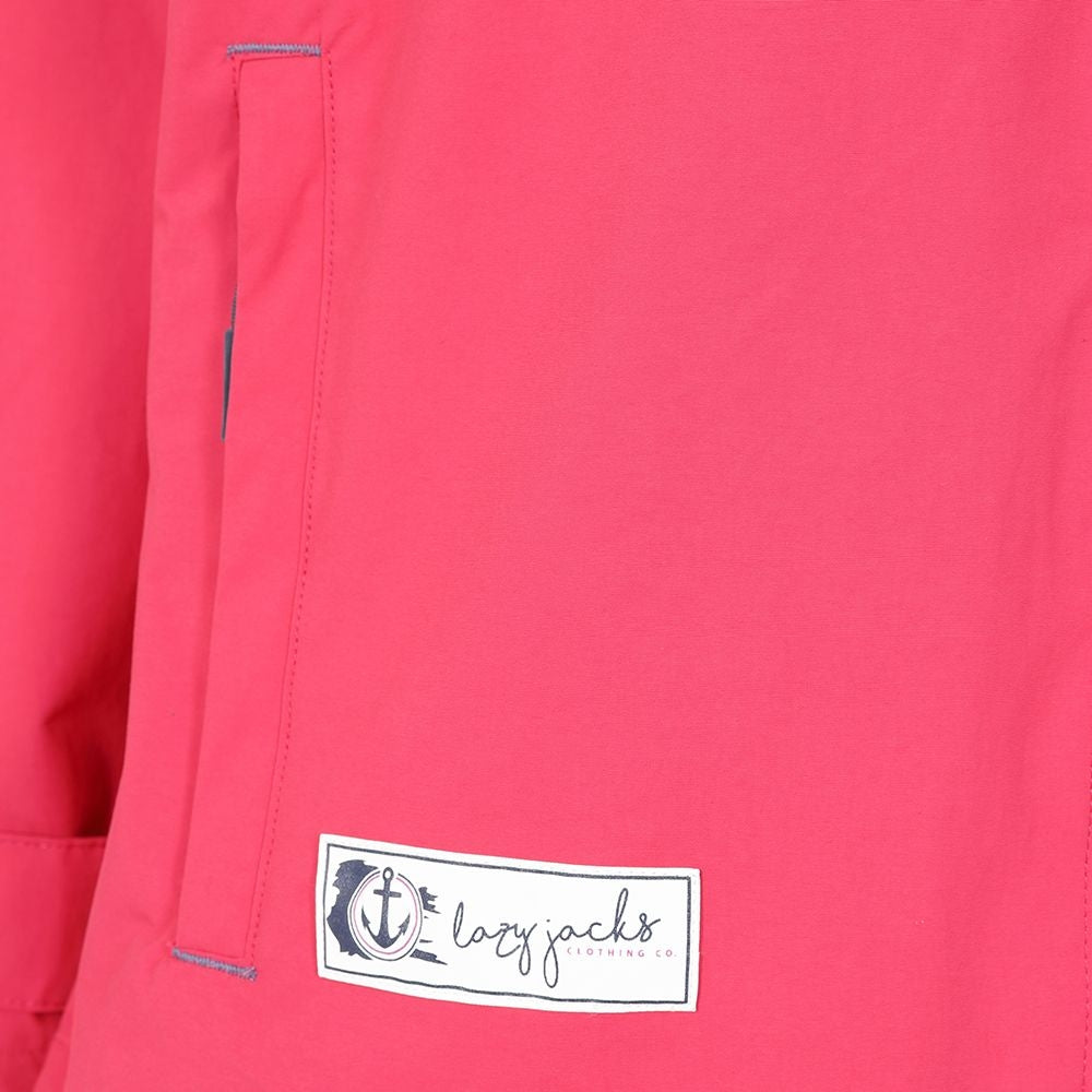 Women's Lazy Jacks LJ45 waterproof jacket in Lipstick with stripy lining.