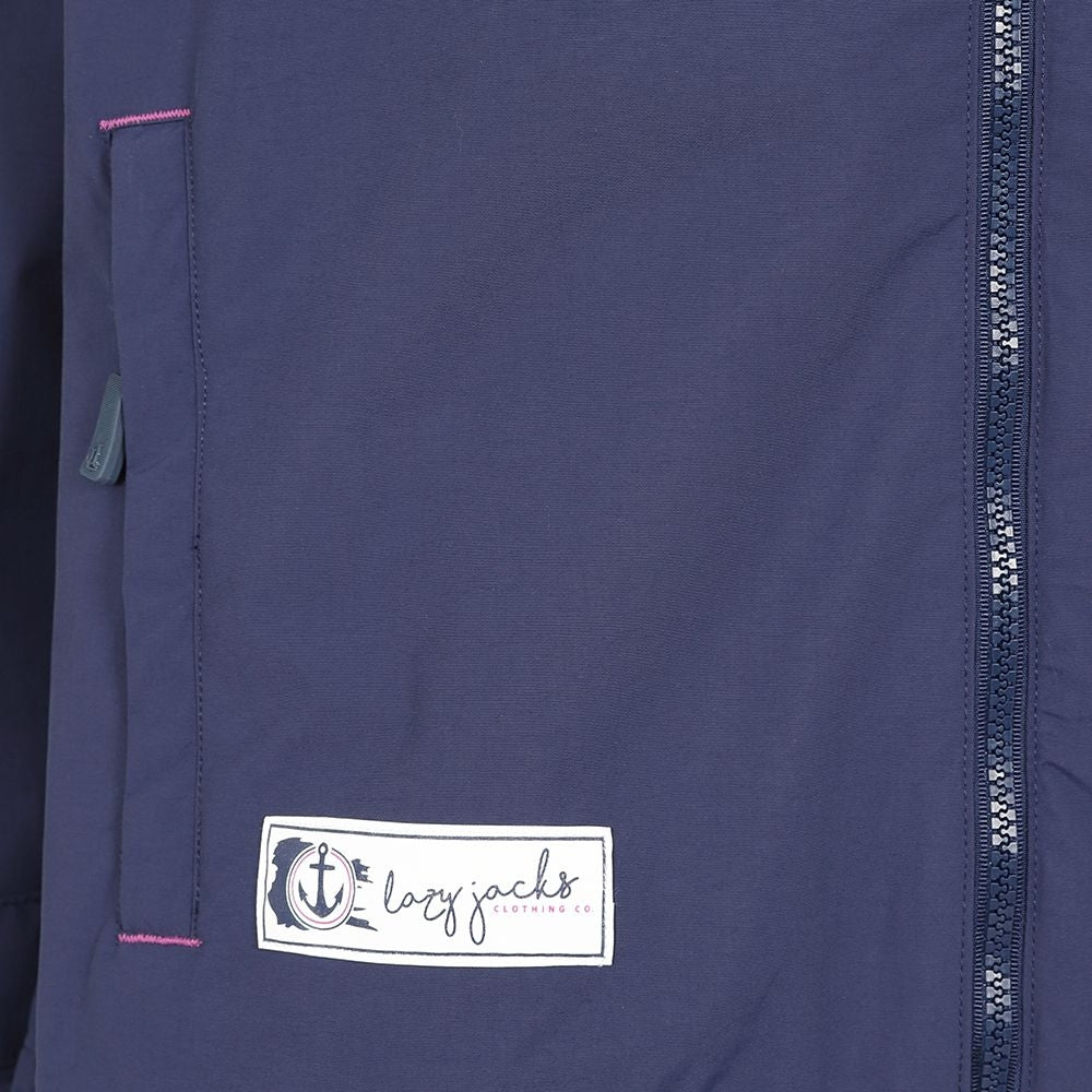 Women's Lazy Jacks LJ45 waterproof jacket in Marine Navy with stripy lining.