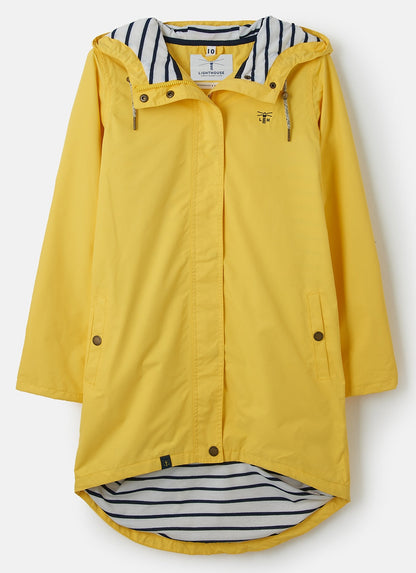 Lighthouse yellow waterproof jacket womens with hood and striped lining for rainy weather