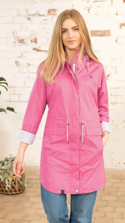 Pink waterproof women's Alice rain jacket from Lighthouse with fine stripe pattern lining.