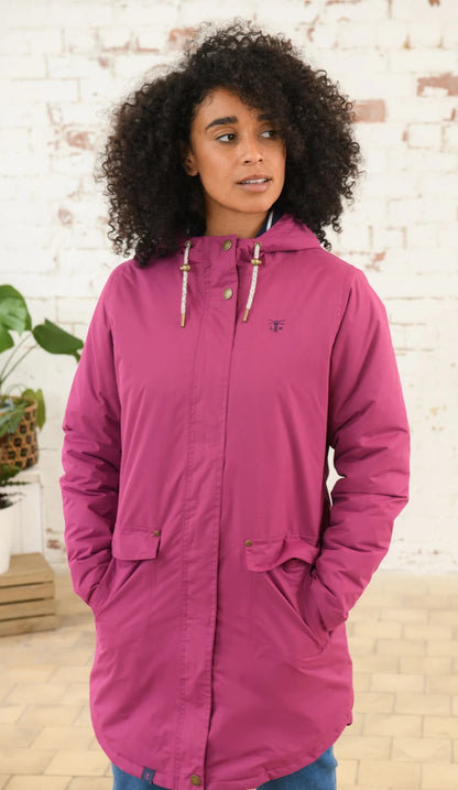 Women's Iona Long padded waterproof coat in Berry Pink from Lighthouse.