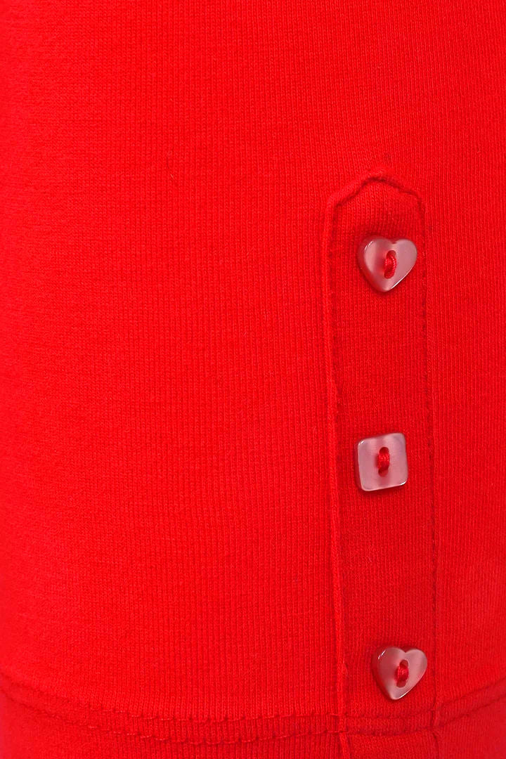 Mudd & Water women's Island leggings in Salsa Red with heart and square buttons.