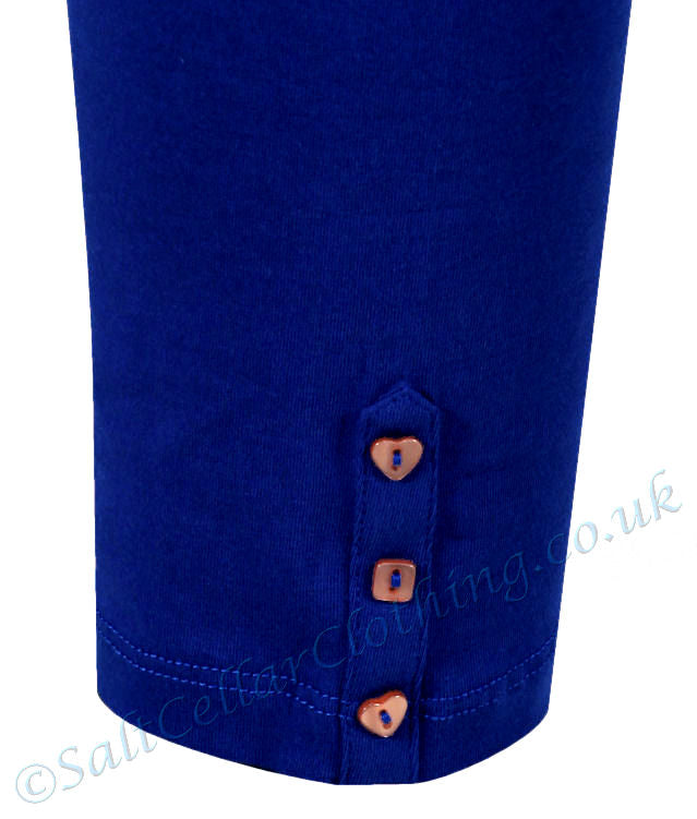 Mudd & Water women's Island leggings in Cobalt Blue with heart and square buttons.