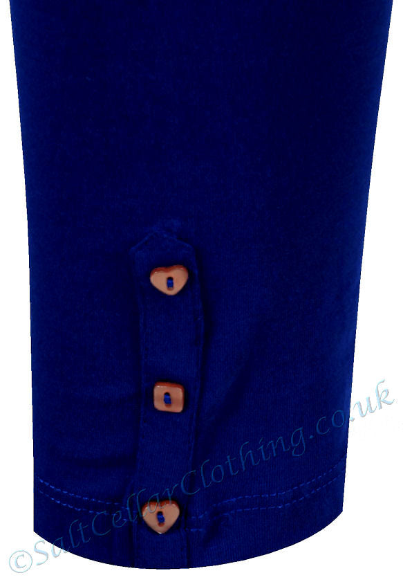 Mudd & Water women's Lucky leggings in Cobalt Blue with heart and square buttons.