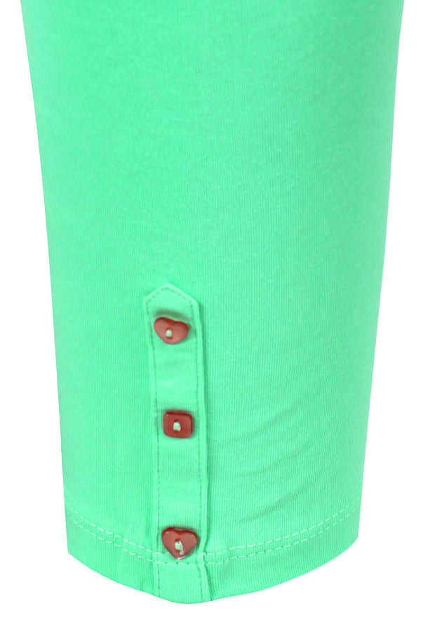 Mudd & Water women's Lucky leggings in Sea Green with heart and square buttons.