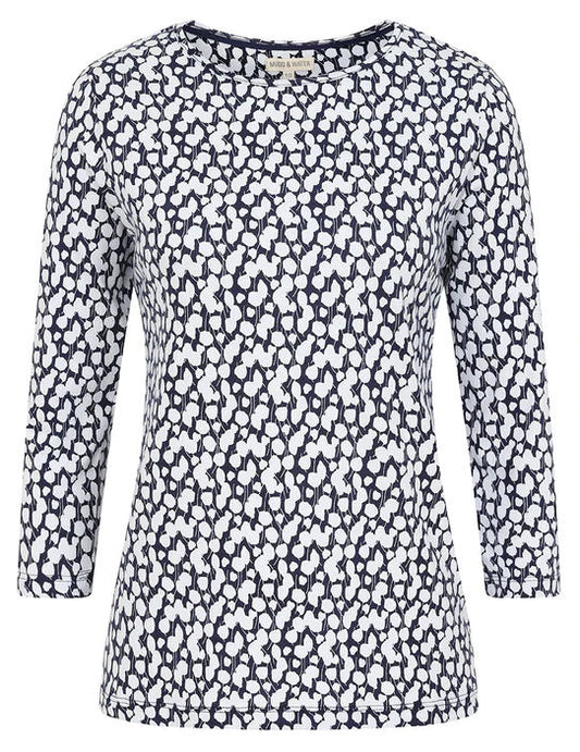 Mudd & Water women's Fern top in navy and white abstract leaf print.