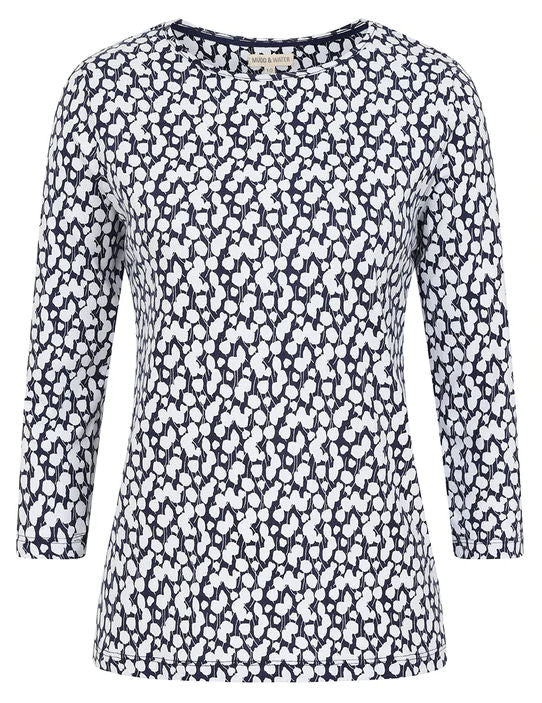 Mudd & Water women's Fern top in navy and white abstract leaf print.