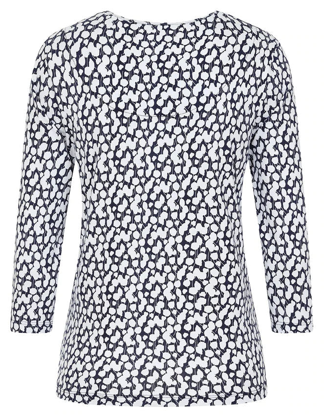 Mudd & Water women's Fern top, a 3/4 sleeve t-shirt in navy and white abstract leaf print.