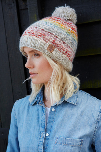 Adults multicoloured stripe Langtang beanie bobble hat from Pachamama.