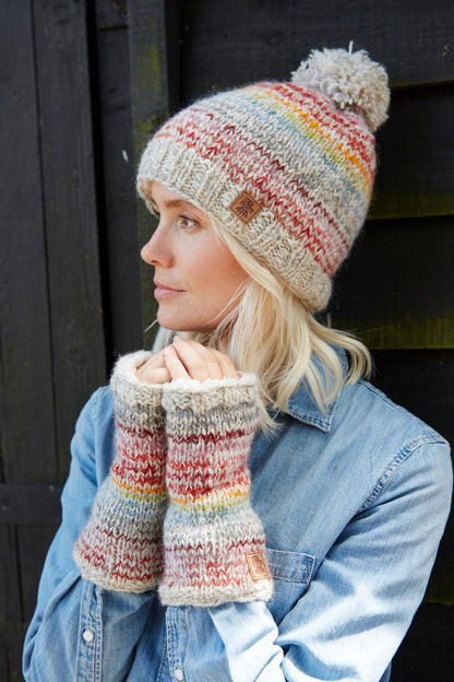 Pachamama adults multicoloured stripe Langtang beanie bobble hat with fluffy borg lining.