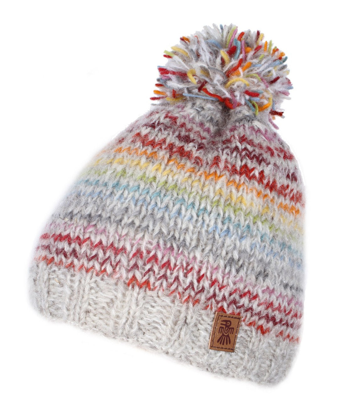 Adults multicoloured stripe Langtang beanie bobble hat from Pachamama with fluffy borg lining.