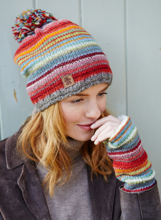 Pachamama Adults 'Seville' Knitted Bobble Beanie - Multicoloured Stripe