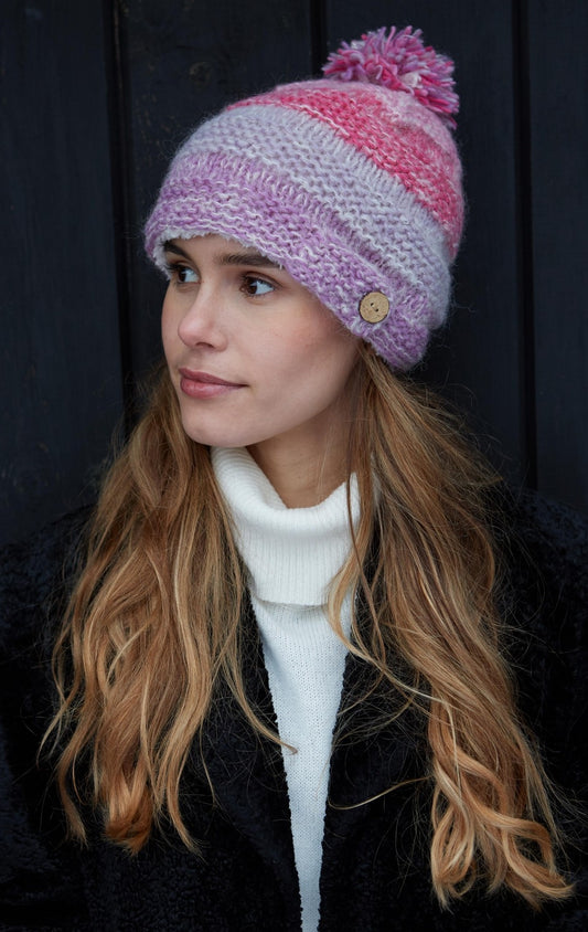 Pachamama Adults 'Sierra Nevada' Fluffy Lined Knitted Bobble Beanie - Pink