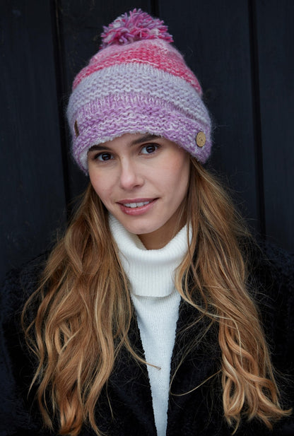 Pachamama Adults 'Sierra Nevada' Fluffy Lined Knitted Bobble Beanie - Pink