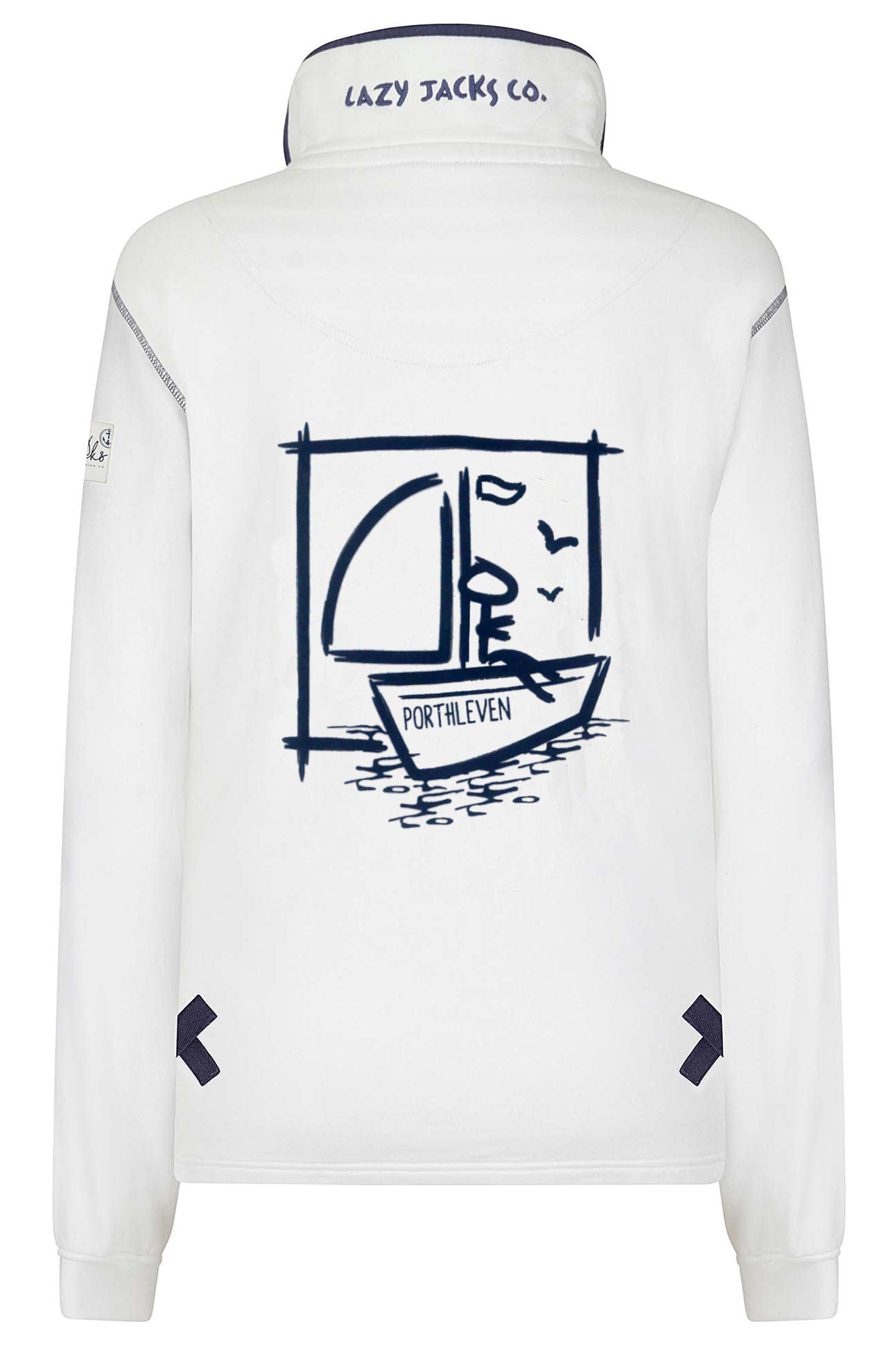 Lazy Jacks Porthleven print sweatshirt in white featuring a boat graphic on the back