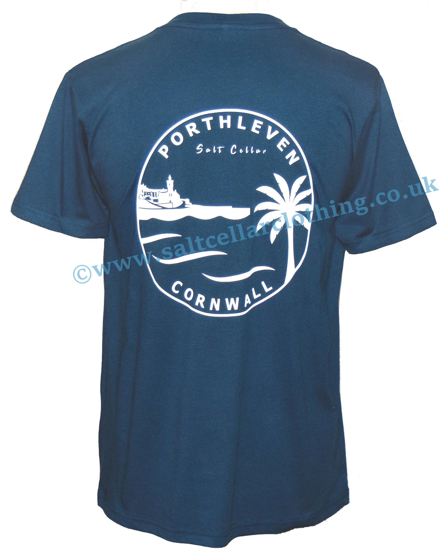 Men's Porthleven Cornwall print t-shirt in petrol blue from Salt Cellar