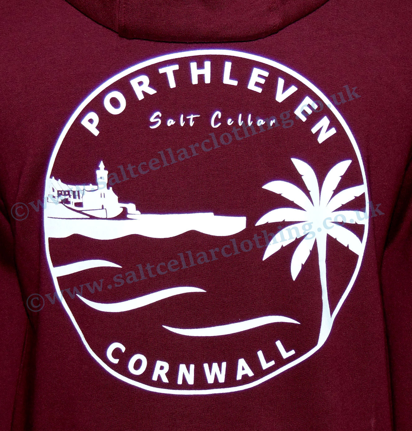 Porthleven Cornwall printed hoodie with palm tree and clock tower