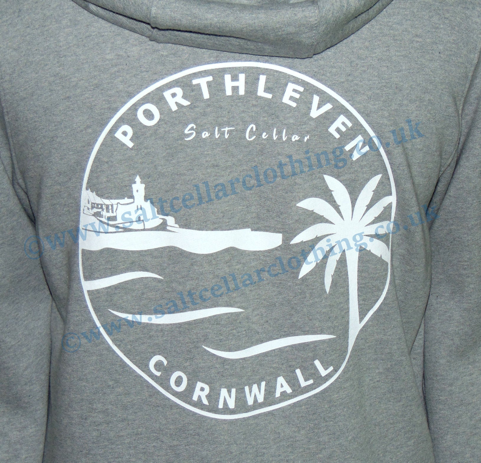 Porthleven Cornwall printed hoody with clock tower and palm tree