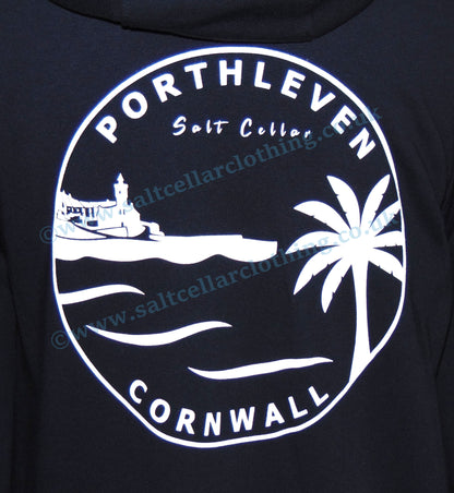 Porthleven Cornwall printed navy mens hoody with clocktower and palm tree