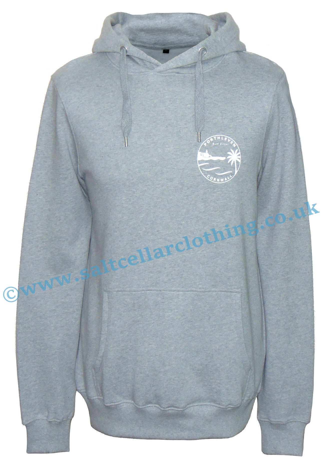 Men's pop over hooded sweatshirt in grey marl with Porthleven print