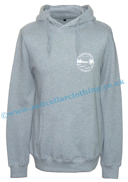 Men's pop over hooded sweatshirt in grey marl with Porthleven print
