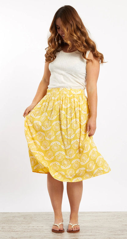 Weird Fish Womens 'Bonnie' Floral Print Midi Skirt - Sunshine Yellow