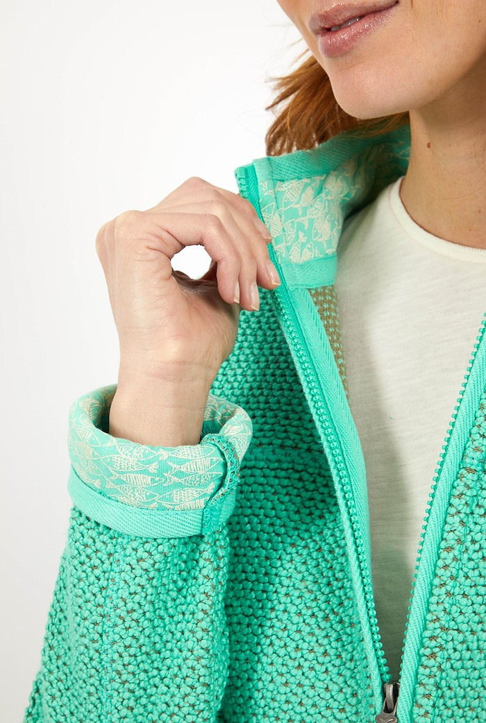 Weird Fish women's Sontee full zip macaroni knitted jacket in Soft Green with fish print collar and neck lining.