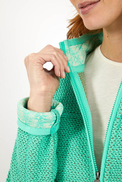 Weird Fish women's Sontee full zip macaroni knitted jacket in Soft Green with fish print collar and neck lining.