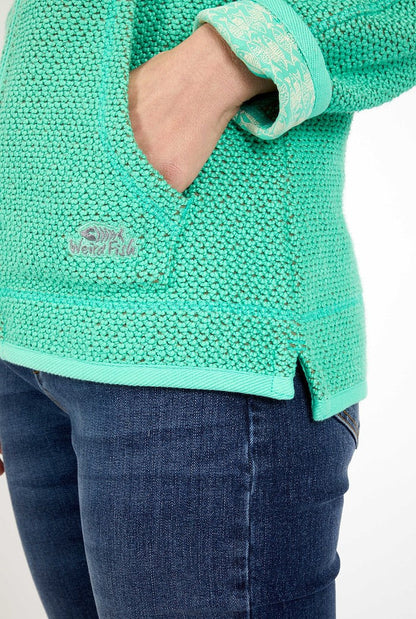 Weird Fish women's Sontee full zip macaroni knitted jacket in Soft Green with tummy pockets.