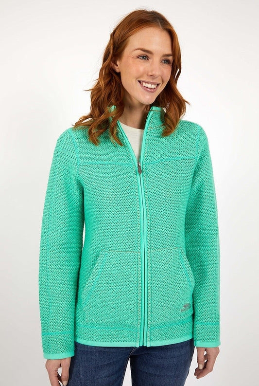 Weird Fish women's Sontee full zip macaroni knitted jacket in Soft Green.