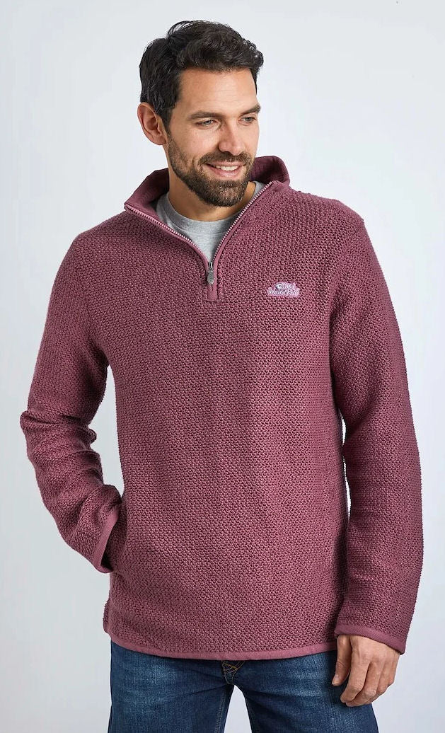 Weird Fish Mens 'Stern' 1/4 Zip Macaroni Knitted Top - Crushed Berry